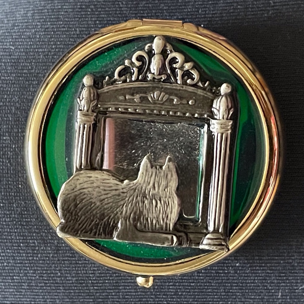 Gold & green Trinket box pill box Jewelry safe keeper Cat Looking in the Mirror
